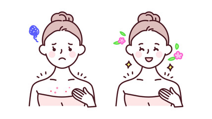 가슴에 난 여드름을 치료하는 여성