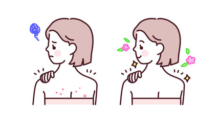 등 뒤에 여드름을 치료하는 여성