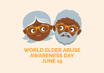World Elder Abuse Awareness Day vector. Happy african american elderly senior couple vector. Smiling grandpa and grandma vector. Senior couple cartoon character. Black skin old man and woman icon