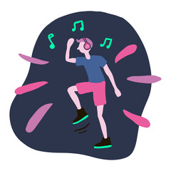 Obraz na płótnie Canvas Shuffle dancer. Man dancing in summer clothing and headphones with music symbols. Vector flat illustration.
