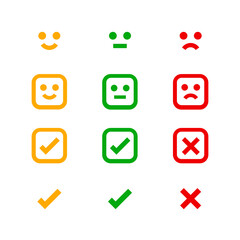 icon emotions face, emotional symbol and approval check sign button, emotions faces and checkmark x or confirm and deny, button checkbox flat for apps, faces icons and checkmark choice for checklist