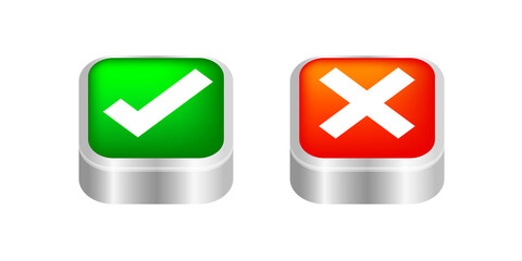 button push 3d checkmark and x or confirm and deny for apps and websites, icon 3d checkmark choice, checkbox button for push choose game, answer box for checklist, approval sign or check buttons push