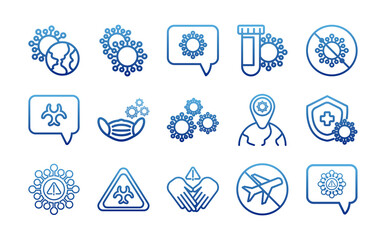 set of icons coronavirus protection, protective measures, coronavirus symptoms, degraded line style icon