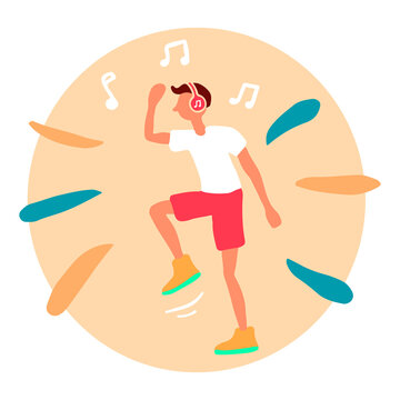 Shuffle dancer. Man dancing in summer clothing and headphones with music symbols. Vector flat illustration.