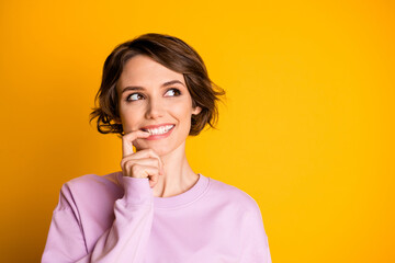Portrait of positive cute sweet teen girl touch her teeth finger think thoughts about her perfect autumn holidays wear pastel jumper isolated over bright color background