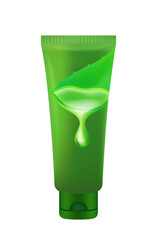 aloe vera tube green for design isolated on white, template tube for aloe vera gel or lotion product, packaging aloe vera cosmetic gel for advertisement, plastic tube graphic green with aloe vera leaf