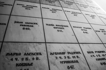 Thessaloniki, Greece - June 06, 2017: Names of fallen soldiers in the Thessaloniki front. Serbian Military First World war cemetery Thessaloniki Greece