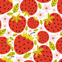 Hand drawn seamless pattern with berries and strawberry flowers with leaves on a white background. Summer background sweet berries. Creative scandinavian kids texture for fabric, wrapping, textile.