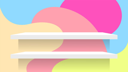 plank shelf white on wall blob shape pastel color for product display, background wall blob shape pattern and table shelves shelf for cosmetics ad pastel soft, plank on wall pastel color