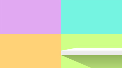 Naklejka premium pastel wall mosaic tiles and plank shelf white for product display, simple wall square pattern and table shelves shelf for cosmetics, wall pastel soft, table plank on pastel color square shape