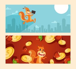 Squirrel office worker with case, coins and nuts wealth vector illustration. Animal character in hurry to work in city center, tall buildings. Joyful rodent with favorite treat and money.