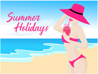 Pink bikini woman drinking watermelon drink ion the sea beach view vector illustration. Summer holiday concept background