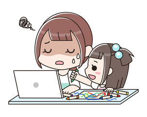テレワーク中に子供に邪魔をされて困っている女性