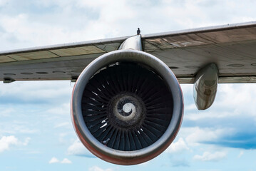 Closeup of an airplane turbine front view at Thailand.