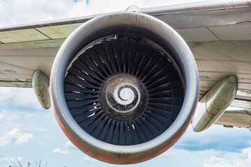 Closeup of an airplane turbine front view at Thailand.