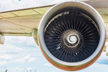 Closeup of an airplane turbine front view at Thailand.