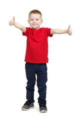 boy in red t-shirt showing thumbs up