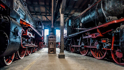 Stare lokomotywy stoją w zajezdni kolejowej