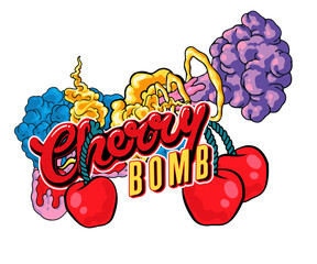 sticker Tattoo design of two cherries and the inscription "cherry bomb", hand-drawn comic book style cartoon flaming cherries, Vector hand drawn illustration design. on white background © SamsonFM