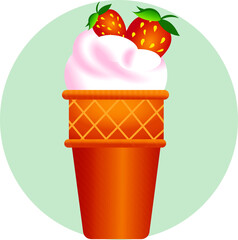 Creamy, pink and delicious ice cream with strawberries. Vector, milk dessert for design.