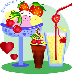 Obraz premium Cream ice cream with berries, chocolate chips and delicious lemonade in a glass. Everything for a pleasant time.