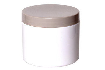 Cosmetic products isolated. Close-up of a closed cosmetic cream container with a professional cosmetic mud mask isolated on a white background. Macro of clay mask for face.
