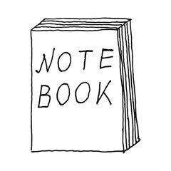Cute hand drawn notebook in doodle style isolated on white background. Positive doodle icon, home element.Coloring page. With lettering notebook.
