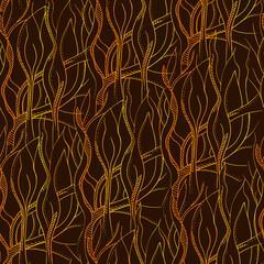 Abstract seamless orange pattern on brown background. Stylization vector flames or branches, endless texture.