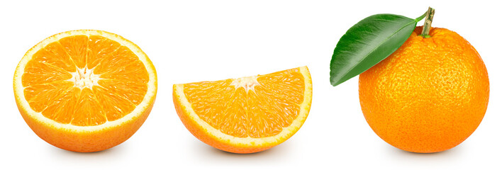 Orange with leaf collection clipping path. Orange isolated on white background. Set fresh orange leaf. Professional studio macro shooting