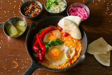 Shakshuka in the pan. Israeli cuisine. Omelet with vegetables. The food in the restaurant. Snack. Second course.