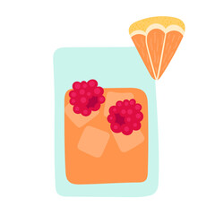 Fresh summer grapefruit and raspberry cocktail. Drink with ice in a glass on a white background. Relax on the beach, vacation at sea. Party with alcoholic drinks. Vector isolated doodle illustration.