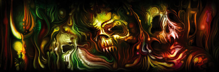 Bizarre horror banner/ Illustration nightmare background with monster skulls and sinister forms. Digital painting