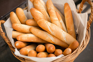 Freshly baked French baguette. Baguette in a basket