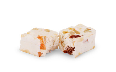 Nut nougat bar traditional sweet candy on white background