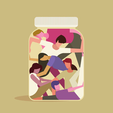 Conceptual illustration of young people jammed inside a closed bottle.
