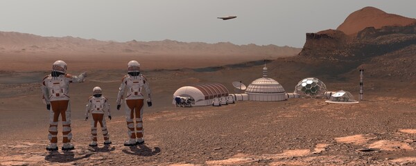 Family colonists immigrants to Mars, a man, a woman and a child admire the Martian landscape, the...