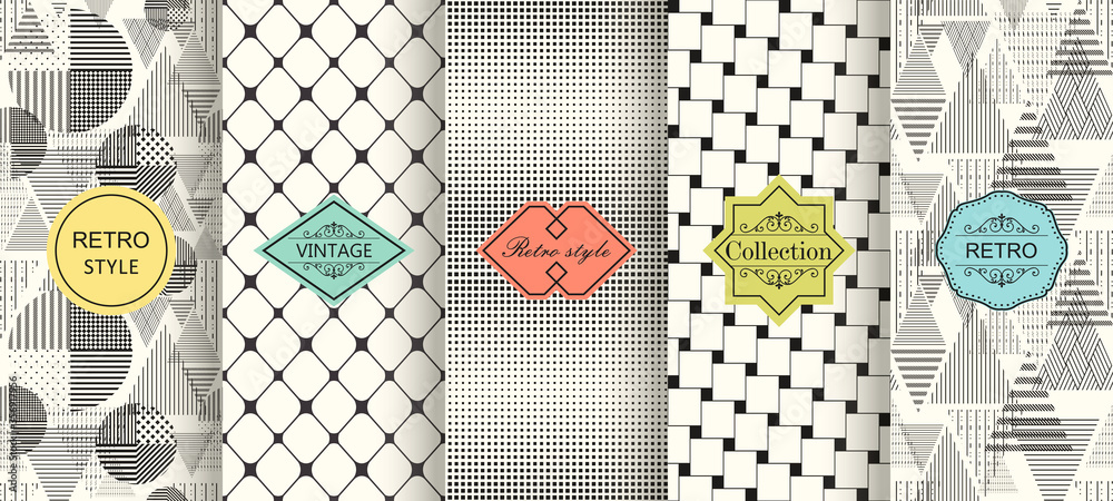 Aufkleber Set of seamless geometric patterns with trendy modern colorful labels. Shabby chic. Vector geometric seamless textures with circles, triangles, stripes.