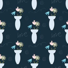Seamless pattern with blue vase and flowers on a dark background with doodles ornament.