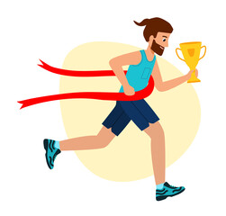 Running Man Crosses Finish Line. Achieve Goal. Way to Victory. First place, success, Cup in hand. vector illustration in modern flat style.