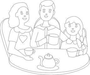 A family of three - dad, mom and daughter, drinking tea at a round table at home. The concept of family values ​​and love, joint activities. Vector illustration