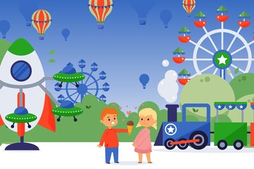 Chocolate ice cream for girlfriend in amusement park vector illustration. Boy brought girl sweet dessert, hold out ice cream. Child treat friend while walking near ferris wheel, rocket attraction.