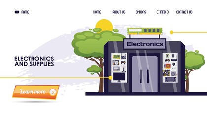 Computer parts, electronics and supplies shop vector illustration. Store website, online catalog page gadget product. Building for sale equipment and particles for electronic device.