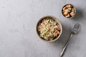 Salad with fresh vegetables  with red beans,  tomatoes,  dill, half egg,  toast Close up view
