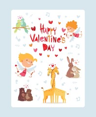 Coupidone kids, happy valentines day festive card, vector illustration. Congratulaton poster, little angels. Vertical template animals in love, couple giraffes, bears, hare and bird.