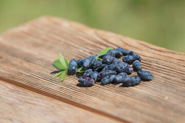 Pile of fresh honeysuckle berries with leaves on wood table background. Top view