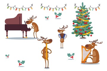 Deers musical band at holidays, vector illustration. Animal plays piano, accordion, flute and harp near decorated Christmas tree. Festive mood, singing hymns, bright garland with bulbs.