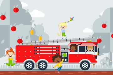 Fire safety study excursion, vector illustration. Children having fun in fire engine. Boy and girl learn about fireman work in playful way. Girlfriends near helm and boy on fire escape.