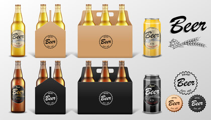 Realistic set of glass Beer bottle and Tin Can in paper packaging box isolated. Beer template Mockup for restaurant or Bar. Vector illustration.