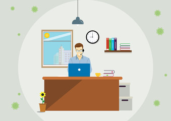 Businessman work online from home during the coronavirus covid-19 pandemic outbreak and social distancing alert. Stay at home to avoid virus infection as new normal