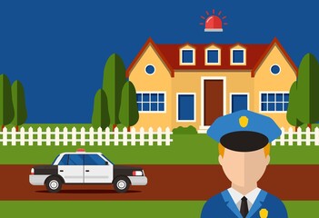 Police action security house system burglar alarm, vectore illustration. Automataion contact with control servise for report house robbery. Policeman arrive by car to house with turned on siren.